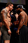 SAN JOSE, CA - APRIL 19:   (L-R) Opponents Frank Mir and Daniel Cormier face off during the UFC on FOX weigh-in at the California Theatre on April 19, 2013 in San Jose, California.  (Photo by Josh Hedges/Zuffa LLC/Zuffa LLC via Getty Images)