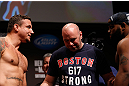 SAN JOSE, CA - APRIL 19:  UFC President Dana White (center) separates Frank Mir (L) and Daniel Cormier (R) during the UFC on FOX weigh-in at the California Theatre on April 19, 2013 in San Jose, California.  (Photo by Josh Hedges/Zuffa LLC/Zuffa LLC via Getty Images)