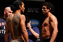 SAN JOSE, CA - APRIL 19:   (L-R) Opponents Benson Henderson and Gilbert Melendez face off during the UFC on FOX weigh-in at the California Theatre on April 19, 2013 in San Jose, California.  (Photo by Josh Hedges/Zuffa LLC/Zuffa LLC via Getty Images)