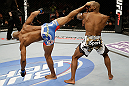 SAN JOSE, CA - APRIL 20:   (L-R) Yoel Romero kicks Clifford Starks in their middleweight bout during the UFC on FOX event at the HP Pavilion on April 20, 2013 in San Jose, California.  (Photo by Ezra Shaw/Zuffa LLC/Zuffa LLC via Getty Images)  *** Local Caption *** Clifford Starks; Yoel Romero