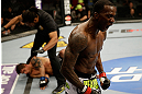 SAN JOSE, CA - APRIL 20:   Anthony Njokuani (right) reacts to his knockout victory over Roger Bowling in their lightweight bout during the UFC on FOX event at the HP Pavilion on April 20, 2013 in San Jose, California.  (Photo by Ezra Shaw/Zuffa LLC/Zuffa LLC via Getty Images)  *** Local Caption *** Anthony Njokuani; Roger Bowling