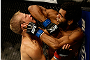 SAN JOSE, CA - APRIL 20:   (R-L) Hugo Viana elbows T.J. Dillashaw in their bantamweight bout during the UFC on FOX event at the HP Pavilion on April 20, 2013 in San Jose, California.  (Photo by Ezra Shaw/Zuffa LLC/Zuffa LLC via Getty Images)  *** Local Caption *** T.J. Dillashaw; Hugo Viana