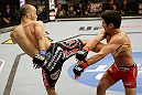 SAN JOSE, CA - APRIL 20:   (L-R) Darren Uyenoyama kicks Joseph Benavidez in their flyweight bout during the UFC on FOX event at the HP Pavilion on April 20, 2013 in San Jose, California.  (Photo by Ezra Shaw/Zuffa LLC/Zuffa LLC via Getty Images)  *** Local Caption *** Joseph Benavidez; Darren Uyenoyama