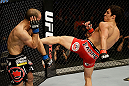 SAN JOSE, CA - APRIL 20:   (R-L) Joseph Benavidez kicks Darren Uyenoyama in their flyweight bout during the UFC on FOX event at the HP Pavilion on April 20, 2013 in San Jose, California.  (Photo by Ezra Shaw/Zuffa LLC/Zuffa LLC via Getty Images)  *** Local Caption *** Joseph Benavidez; Darren Uyenoyama