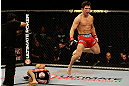 SAN JOSE, CA - APRIL 20:   Joseph Benavidez (right) reacts to his victory over Darren Uyenoyama in their flyweight bout during the UFC on FOX event at the HP Pavilion on April 20, 2013 in San Jose, California.  (Photo by Ezra Shaw/Zuffa LLC/Zuffa LLC via Getty Images)  *** Local Caption *** Joseph Benavidez; Darren Uyenoyama