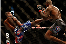 SAN JOSE, CA - APRIL 20:   (L-R) Lorenz Larkin kicks Francis Carmont in their middleweight bout during the UFC on FOX event during the UFC on FOX event at the HP Pavilion on April 20, 2013 in San Jose, California.  (Photo by Josh Hedges/Zuffa LLC/Zuffa LLC via Getty Images)  *** Local Caption *** Francis Carmont; Lorenz Larkin