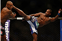 SAN JOSE, CA - APRIL 20:   (R-L) Lorenz Larkin kicks Francis Carmont in their middleweight bout during the UFC on FOX event during the UFC on FOX event at the HP Pavilion on April 20, 2013 in San Jose, California.  (Photo by Josh Hedges/Zuffa LLC/Zuffa LLC via Getty Images)  *** Local Caption *** Francis Carmont; Lorenz Larkin