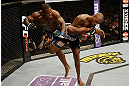 SAN JOSE, CA - APRIL 20:   (R-L) Francis Carmont trips Lorenz Larkin in their middleweight bout during the UFC on FOX event at the HP Pavilion on April 20, 2013 in San Jose, California.  (Photo by Ezra Shaw/Zuffa LLC/Zuffa LLC via Getty Images)  *** Local Caption *** Francis Carmont; Lorenz Larkin