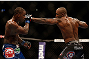 SAN JOSE, CA - APRIL 20:   (R-L) Francis Carmont punches Lorenz Larkin in their middleweight bout during the UFC on FOX event during the UFC on FOX event at the HP Pavilion on April 20, 2013 in San Jose, California.  (Photo by Josh Hedges/Zuffa LLC/Zuffa LLC via Getty Images)  *** Local Caption *** Francis Carmont; Lorenz Larkin