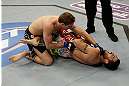 SAN JOSE, CA - APRIL 20:   (L-R) Jordan Mein punches Matt Brown in their welterweight bout during the UFC on FOX event at the HP Pavilion on April 20, 2013 in San Jose, California.  (Photo by Ezra Shaw/Zuffa LLC/Zuffa LLC via Getty Images)  *** Local Caption *** Matt Brown; Jordan Mein