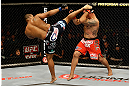 SAN JOSE, CA - APRIL 20:   (L-R) Daniel Cormier kicks Frank Mir in their heavyweight bout during the UFC on FOX event at the HP Pavilion on April 20, 2013 in San Jose, California.  (Photo by Ezra Shaw/Zuffa LLC/Zuffa LLC via Getty Images)  *** Local Caption *** Frank Mir; Daniel Cormier