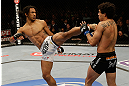 SAN JOSE, CA - APRIL 20:   (L-R) Benson Henderson kicks Gilbert Melendez in their lightweight championship bout during the UFC on FOX event at the HP Pavilion on April 20, 2013 in San Jose, California.  (Photo by Ezra Shaw/Zuffa LLC/Zuffa LLC via Getty Images)  *** Local Caption *** Benson Henderson; Gilbert Melendez