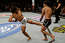 SAN JOSE, CA - APRIL 20:   (L-R) Benson Henderson kicks Gilbert Melendez in their lightweight championship bout during the UFC on FOX event at the HP Pavilion on April 20, 2013 in San Jose, California.  (Photo by Ezra Shaw/Zuffa LLC/Zuffa LLC via Getty Images)  *** Local Caption *** Benson Henderson; Gilbert Melendez