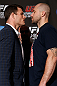 NEW YORK, NY - APRIL 25:   (L-R) Opponents Michael Bisping and Alan Belcher face off during UFC 159 media day at The Theater at Madison Square Garden on April 25, 2013 in New York City.  (Photo by Josh Hedges/Zuffa LLC/Zuffa LLC via Getty Images)