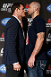 NEW YORK, NY - APRIL 25:   (L-R) Opponents Michael Bisping and Alan Belcher face off during UFC 159 media day at The Theater at Madison Square Garden on April 25, 2013 in New York City.  (Photo by Josh Hedges/Zuffa LLC/Zuffa LLC via Getty Images)