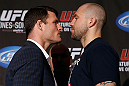 NEW YORK, NY - APRIL 25:   (L-R) Opponents Michael Bisping and Alan Belcher face off during UFC 159 media day at The Theater at Madison Square Garden on April 25, 2013 in New York City.  (Photo by Josh Hedges/Zuffa LLC/Zuffa LLC via Getty Images)