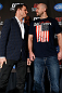 NEW YORK, NY - APRIL 25:   (L-R) Opponents Michael Bisping and Alan Belcher face off during UFC 159 media day at The Theater at Madison Square Garden on April 25, 2013 in New York City.  (Photo by Josh Hedges/Zuffa LLC/Zuffa LLC via Getty Images)