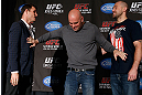 NEW YORK, NY - APRIL 25:   Opponents Michael Bisping (L) and Alan Belcher (R) are separated by UFC President Dana White during UFC 159 media day at The Theater at Madison Square Garden on April 25, 2013 in New York City.  (Photo by Josh Hedges/Zuffa LLC/Zuffa LLC via Getty Images)