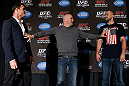 NEW YORK, NY - APRIL 25:   Opponents Michael Bisping (L) and Alan Belcher (R) are separated by UFC President Dana White during UFC 159 media day at The Theater at Madison Square Garden on April 25, 2013 in New York City.  (Photo by Josh Hedges/Zuffa LLC/Zuffa LLC via Getty Images)