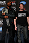 NEW YORK, NY - APRIL 25:   (L-R) Opponents UFC Light Heavyweight Champion Jon "Bones" Jones and Chael Sonnen pose for photos during UFC 159 media day at The Theater at Madison Square Garden on April 25, 2013 in New York City.  (Photo by Josh Hedges/Zuffa LLC/Zuffa LLC via Getty Images)