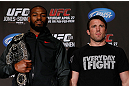 NEW YORK, NY - APRIL 25:   (L-R) Opponents UFC Light Heavyweight Champion Jon "Bones" Jones and Chael Sonnen pose for photos during UFC 159 media day at The Theater at Madison Square Garden on April 25, 2013 in New York City.  (Photo by Josh Hedges/Zuffa LLC/Zuffa LLC via Getty Images)