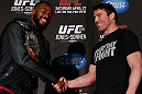 NEW YORK, NY - APRIL 25:   (L-R) Opponents UFC Light Heavyweight Champion Jon "Bones" Jones and Chael Sonnen shake hands during UFC 159 media day at The Theater at Madison Square Garden on April 25, 2013 in New York City.  (Photo by Josh Hedges/Zuffa LLC/Zuffa LLC via Getty Images)