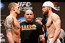 NEWARK, NJ - APRIL 26:   (L-R) Opponents Nick Catone and James Head face off during the UFC 159 weigh-in event at the Prudential Center on April 26, 2013 in Newark, New Jersey.  (Photo by Josh Hedges/Zuffa LLC/Zuffa LLC via Getty Images)