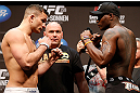 NEWARK, NJ - APRIL 26:   (L-R) Opponents Gian Villante and Ovince Saint Preux face off during the UFC 159 weigh-in event at the Prudential Center on April 26, 2013 in Newark, New Jersey.  (Photo by Josh Hedges/Zuffa LLC/Zuffa LLC via Getty Images)