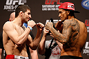 NEWARK, NJ - APRIL 26:   (L-R) Opponents Rustam Khabilov and Yancy Medeiros face off during the UFC 159 weigh-in event at the Prudential Center on April 26, 2013 in Newark, New Jersey.  (Photo by Josh Hedges/Zuffa LLC/Zuffa LLC via Getty Images)