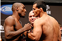 NEWARK, NJ - APRIL 26:   (L-R) Opponents Phil Davis and Vinny Magalhaes face off during the UFC 159 weigh-in event at the Prudential Center on April 26, 2013 in Newark, New Jersey.  (Photo by Josh Hedges/Zuffa LLC/Zuffa LLC via Getty Images)