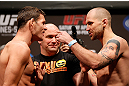 NEWARK, NJ - APRIL 26:   (L-R) Opponents Michael Bisping and Alan Belcher face off during the UFC 159 weigh-in event at the Prudential Center on April 26, 2013 in Newark, New Jersey.  (Photo by Josh Hedges/Zuffa LLC/Zuffa LLC via Getty Images)