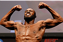 NEWARK, NJ - APRIL 26:   UFC Light Heavyweight Champion Jon "Bones" Jones makes weight during the UFC 159 weigh-in event at the Prudential Center on April 26, 2013 in Newark, New Jersey.  (Photo by Josh Hedges/Zuffa LLC/Zuffa LLC via Getty Images)