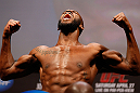 NEWARK, NJ - APRIL 26:   UFC Light Heavyweight Champion Jon "Bones" Jones makes weight during the UFC 159 weigh-in event at the Prudential Center on April 26, 2013 in Newark, New Jersey.  (Photo by Josh Hedges/Zuffa LLC/Zuffa LLC via Getty Images)