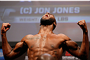NEWARK, NJ - APRIL 26:   UFC Light Heavyweight Champion Jon "Bones" Jones makes weight during the UFC 159 weigh-in event at the Prudential Center on April 26, 2013 in Newark, New Jersey.  (Photo by Josh Hedges/Zuffa LLC/Zuffa LLC via Getty Images)