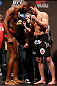 NEWARK, NJ - APRIL 26:   (L-R) Opponents UFC Light Heavyweight Champion Jon "Bones" Jones and Chael Sonnen face off during the UFC 159 weigh-in event at the Prudential Center on April 26, 2013 in Newark, New Jersey.  (Photo by Josh Hedges/Zuffa LLC/Zuffa LLC via Getty Images)