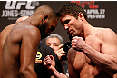 NEWARK, NJ - APRIL 26:   (L-R) Opponents UFC Light Heavyweight Champion Jon "Bones" Jones and Chael Sonnen face off during the UFC 159 weigh-in event at the Prudential Center on April 26, 2013 in Newark, New Jersey.  (Photo by Josh Hedges/Zuffa LLC/Zuffa LLC via Getty Images)