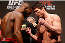 NEWARK, NJ - APRIL 26:   (L-R) Opponents UFC Light Heavyweight Champion Jon "Bones" Jones and Chael Sonnen face off during the UFC 159 weigh-in event at the Prudential Center on April 26, 2013 in Newark, New Jersey.  (Photo by Josh Hedges/Zuffa LLC/Zuffa LLC via Getty Images)