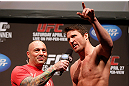 NEWARK, NJ - APRIL 26:   (R-L) Chael Sonnen is interviewed by Joe Rogan during the UFC 159 weigh-in event at the Prudential Center on April 26, 2013 in Newark, New Jersey.  (Photo by Josh Hedges/Zuffa LLC/Zuffa LLC via Getty Images)
