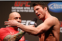 NEWARK, NJ - APRIL 26:   (R-L) Chael Sonnen is interviewed by Joe Rogan during the UFC 159 weigh-in event at the Prudential Center on April 26, 2013 in Newark, New Jersey.  (Photo by Josh Hedges/Zuffa LLC/Zuffa LLC via Getty Images)