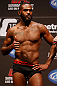 NEWARK, NJ - APRIL 26:   UFC Light Heavyweight Champion Jon "Bones" Jones stands on stage after making weight during the UFC 159 weigh-in event at the Prudential Center on April 26, 2013 in Newark, New Jersey.  (Photo by Josh Hedges/Zuffa LLC/Zuffa LLC via Getty Images)