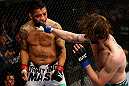 NEWARK, NJ - APRIL 27: Cody McKenzie (R) punches Leonard Garcia (L) in their featherweight bout during the UFC 159 event at the Prudential Center on April 27, 2013 in Newark, New Jersey.  (Photo by Al Bello/Zuffa LLC/Zuffa LLC Via Getty Images)