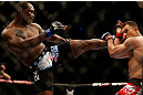 NEWARK, NJ - APRIL 27:   (L-R) Ovince Saint Preux kicks Gian Villante in their light heavyweight fight during the UFC 159 event at the Prudential Center on April 27, 2013 in Newark, New Jersey.  (Photo by Josh Hedges/Zuffa LLC/Zuffa LLC via Getty Images)