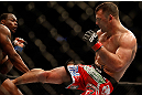 NEWARK, NJ - APRIL 27:   (R-L) Gian Villante kicks Ovince Saint Preux in their light heavyweight fight during the UFC 159 event at the Prudential Center on April 27, 2013 in Newark, New Jersey.  (Photo by Josh Hedges/Zuffa LLC/Zuffa LLC via Getty Images)