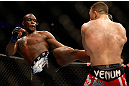 NEWARK, NJ - APRIL 27:   (L-R) Ovince Saint Preux kicks Gian Villante in their light heavyweight fight during the UFC 159 event at the Prudential Center on April 27, 2013 in Newark, New Jersey.  (Photo by Josh Hedges/Zuffa LLC/Zuffa LLC via Getty Images)
