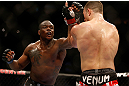 NEWARK, NJ - APRIL 27:   (L-R) Ovince Saint Preux punches Gian Villante in their light heavyweight fight during the UFC 159 event at the Prudential Center on April 27, 2013 in Newark, New Jersey.  (Photo by Josh Hedges/Zuffa LLC/Zuffa LLC via Getty Images)