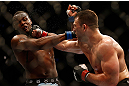 NEWARK, NJ - APRIL 27:   (R-L) Gian Villante punches Ovince Saint Preux in their light heavyweight fight during the UFC 159 event at the Prudential Center on April 27, 2013 in Newark, New Jersey.  (Photo by Josh Hedges/Zuffa LLC/Zuffa LLC via Getty Images)