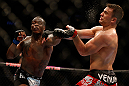 NEWARK, NJ - APRIL 27:   (L-R) Ovince Saint Preux punches Gian Villante in their light heavyweight fight during the UFC 159 event at the Prudential Center on April 27, 2013 in Newark, New Jersey.  (Photo by Josh Hedges/Zuffa LLC/Zuffa LLC via Getty Images)