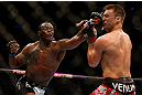 NEWARK, NJ - APRIL 27:   (L-R) Ovince Saint Preux punches Gian Villante in their light heavyweight fight during the UFC 159 event at the Prudential Center on April 27, 2013 in Newark, New Jersey.  (Photo by Josh Hedges/Zuffa LLC/Zuffa LLC via Getty Images)