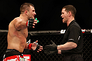 NEWARK, NJ - APRIL 27:   (L-R) Gian Villante argues with referee Kevin Mulholland after a controversial stoppage in his light heavyweight fight against Ovince Saint Preux during the UFC 159 event at the Prudential Center on April 27, 2013 in Newark, New Jersey.  (Photo by Josh Hedges/Zuffa LLC/Zuffa LLC via Getty Images)
