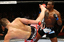 NEWARK, NJ - APRIL 27:  Gian Villante (L) kicks Ovince Saint Preux (R) in their light heavyweight bout during the UFC 159 event at the Prudential Center on April 27, 2013 in Newark, New Jersey.  (Photo by Al Bello/Zuffa LLC/Zuffa LLC Via Getty Images)